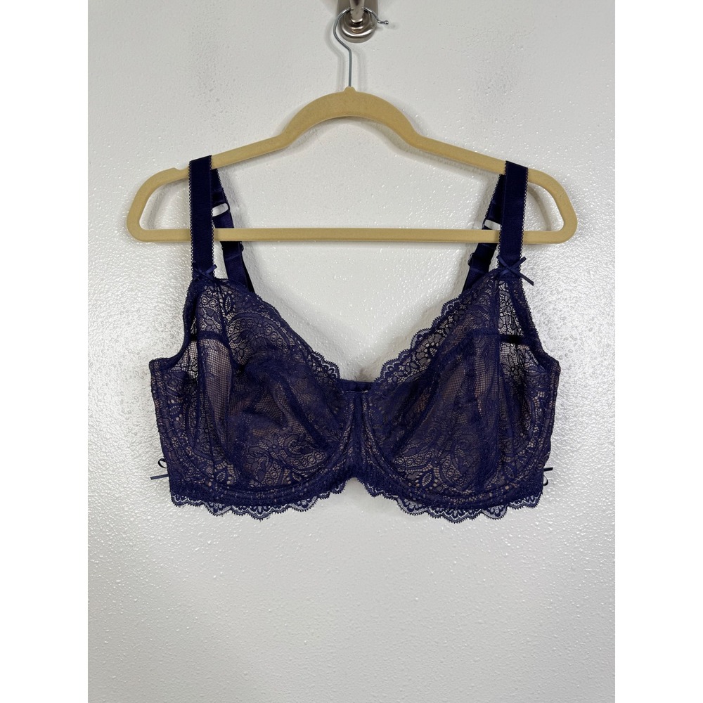 Adore Me Navy Blue Lace Unlined Underwire Bra 38G Floral Mesh Lingerie